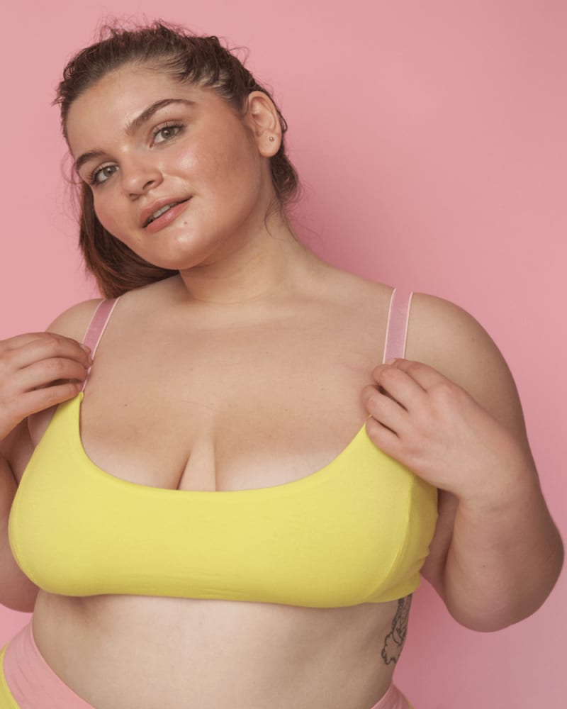 Front of a model wearing a size L/XL Cindy Scoop Neck Bralette in Pink Lemonade by Cherri. | dia_product_style_image_id:273946